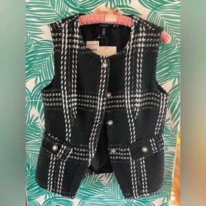 NWT Ellen Tracy tweed black & white fitted long vest w/ faux pearl buttons sz M